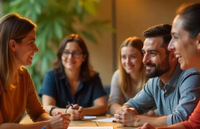 Personas comunicándose y sonriendo entorno a una mesa.